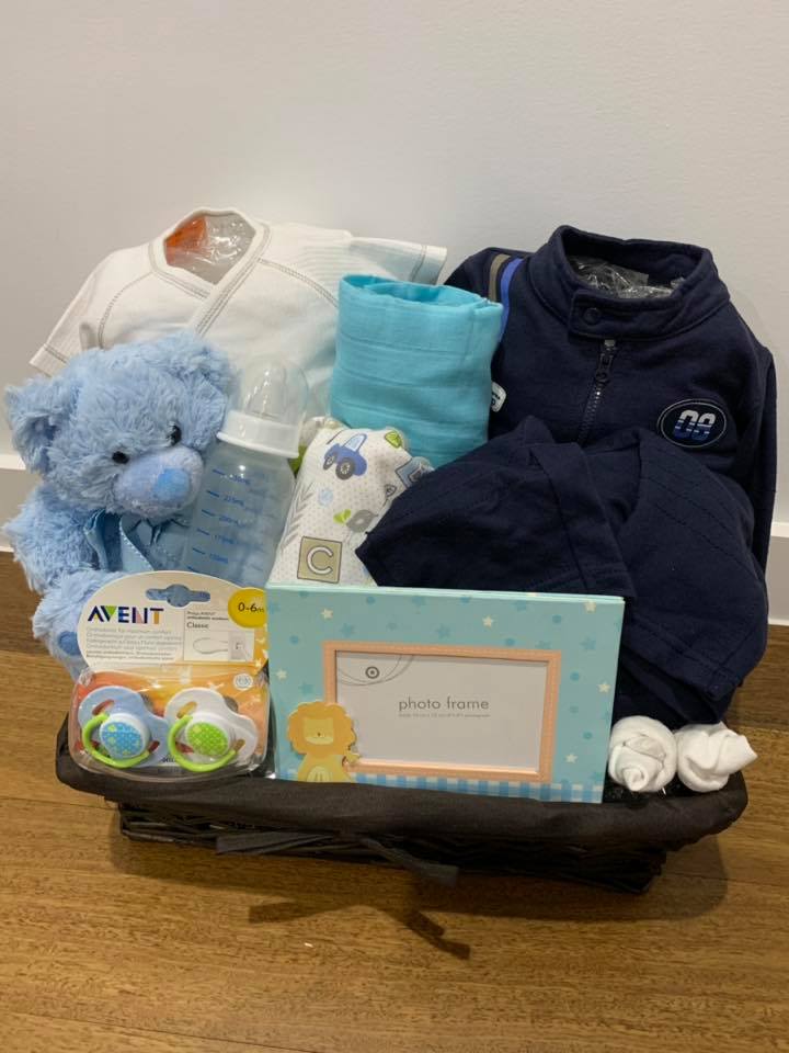 Navy and blue baby boy gift basket