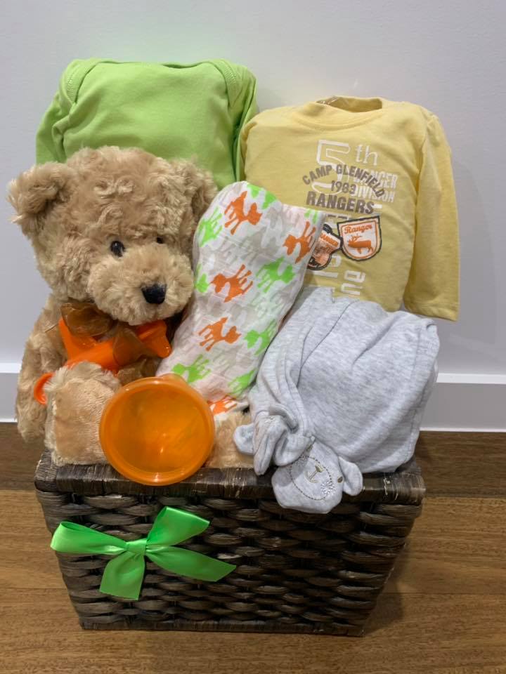 Green, yellow and orange unisex baby gift basket