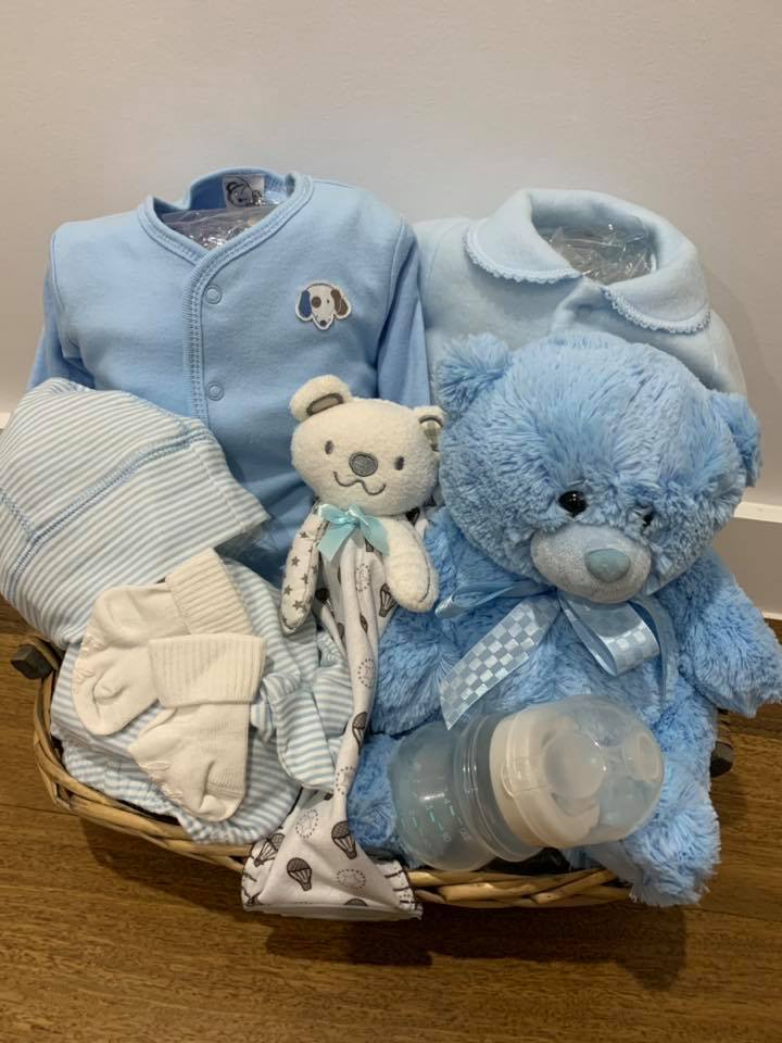 Blue baby boy gift basket