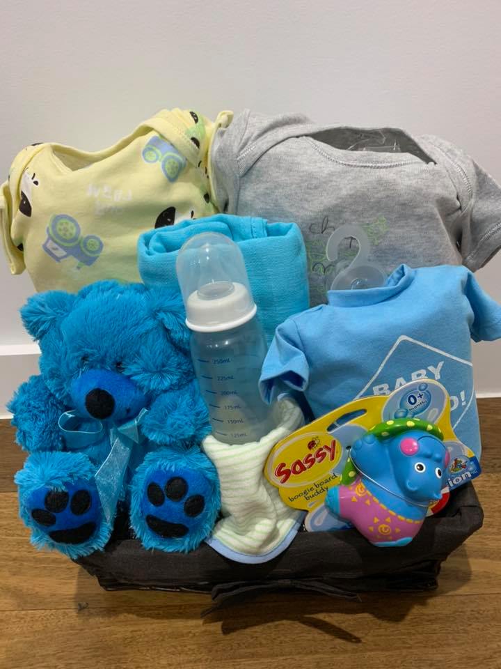 Blue, yellow and grey baby boy gift basket