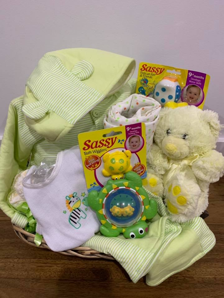 Green and yellow unisex baby gift basket