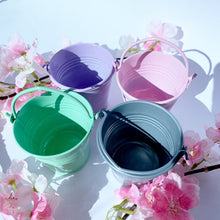 Load image into Gallery viewer, Small tin pale bucket empty pink, purple, grey, green
